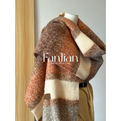 秋冬暖色格纹流苏厚实保暖围巾