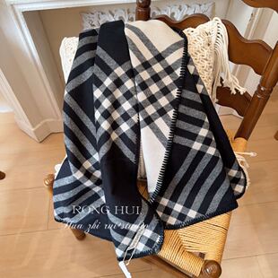 黑色仿羊绒披肩两用奶茶色保暖格纹米色围脖秋冬季红色金智贤同款