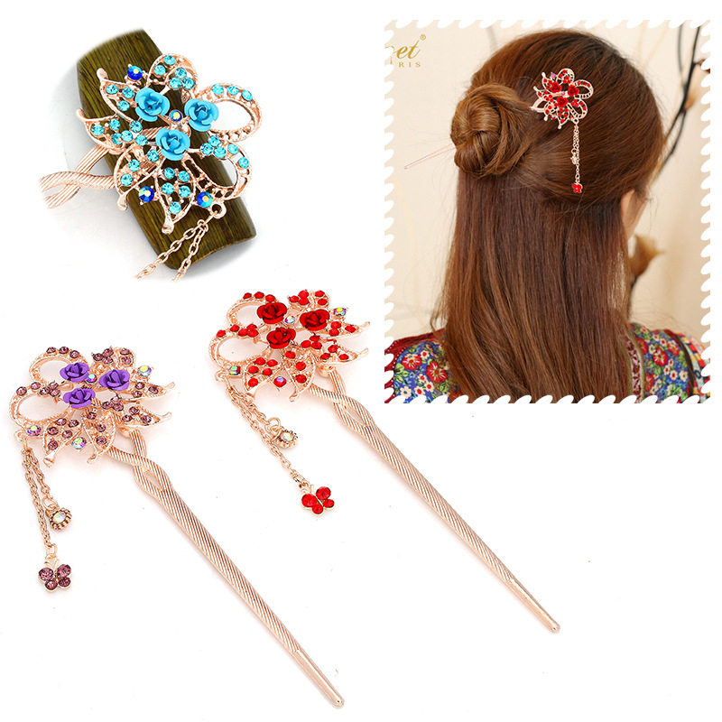 潮流玫瑰花发簪 步摇流苏女生发饰 时尚百搭簪子盘发饰品