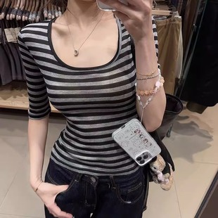 条纹t恤女网红ins上衣微胖MM宽松U领五分袖 2025夏季 美式 新款 女装