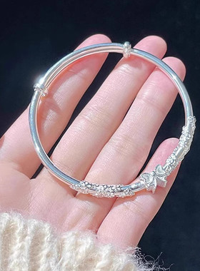 繁花似锦白铜镀银蝴蝶结手镯年轻款推拉女足银999小众手环镯子