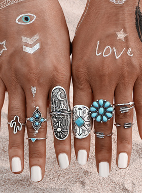 欧美波西米亚食指戒指宽版复古绿松石箭头花朵9枚套装指环九件套
