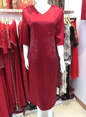 喜婆婆礼服2022秋婚宴妈妈装醋酸真丝7分袖连衣裙