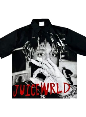Juice Wrld 人物印花尖领纽扣开合短袖衬衫 男女同款 黑色宽松