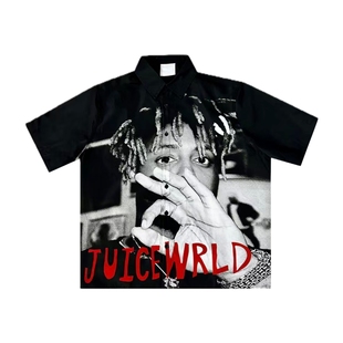 Juice Wrld 人物印花尖领纽扣开合短袖衬衫 男女同款 黑色宽松