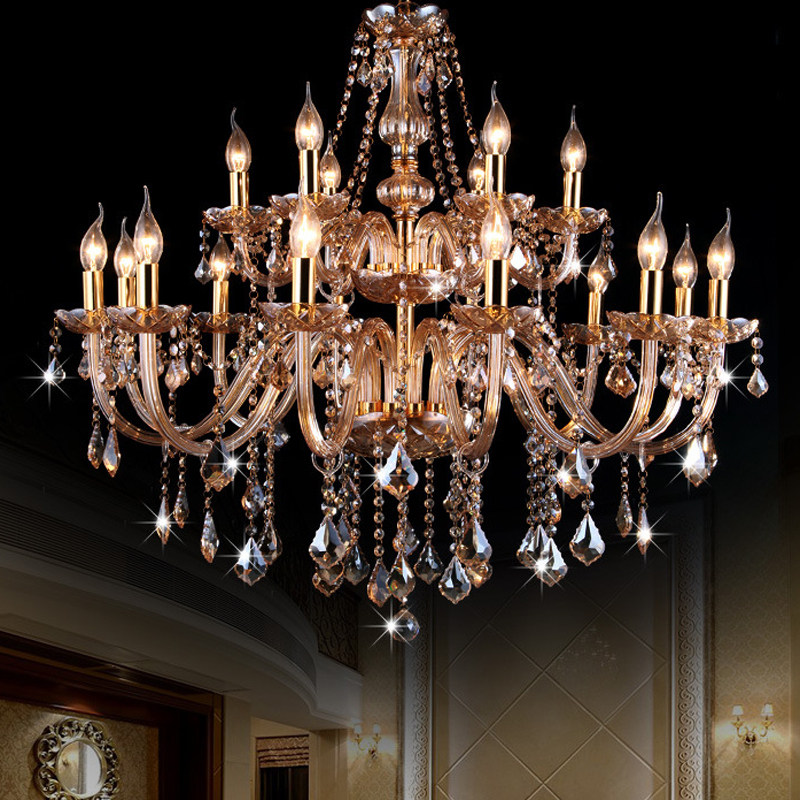 琥珀色漫咖啡双层水晶吊灯香槟色18头蜡烛灯大客厅酒店大堂工程