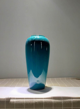 新中式花瓶摆件孔雀绿颜色釉陶瓷花器家居软装饰品样板间配饰