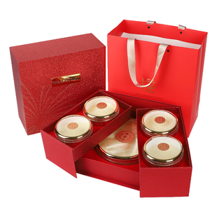 红色磨砂烟花双层五拼包装盒西洋参石斛燕窝圆盒滋补养生礼盒空盒