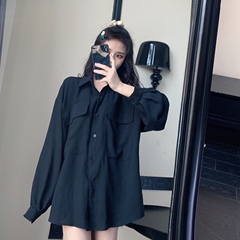 Real price real photo lower half missing loose BF minority black shirt Medium Long Shirt Top