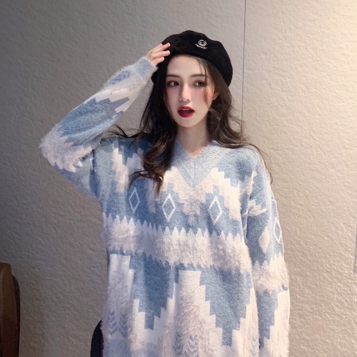 Real price real shot Vintage loose color contrast geometric V-neck Pullover Sweater thickened sweater