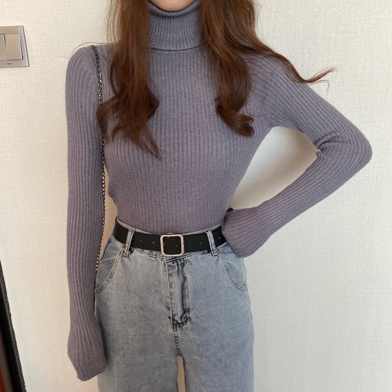 Real price and real shooting: people must buy thickened core spun yarn bottoming shirt pile collar high neck slim knit sweater for women