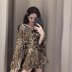 Real price shooting ~ retro Lapel long sleeve Leopard Print Shirt women's chic medium length lazy lace up shirt