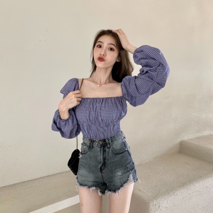 Real price real shot chic multi wear method clavicle versatile shirt waist loose Plaid Shirt female