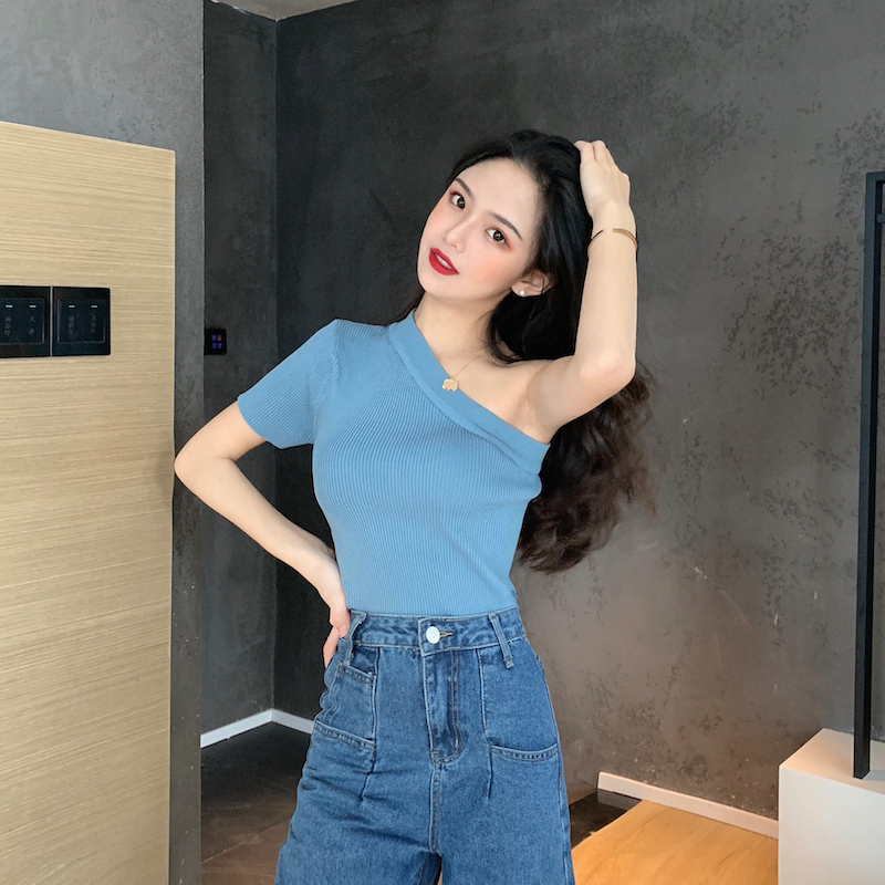 Real price real auction chic slant shoulder one line collar T-shirt bottoming shirt slim top summer