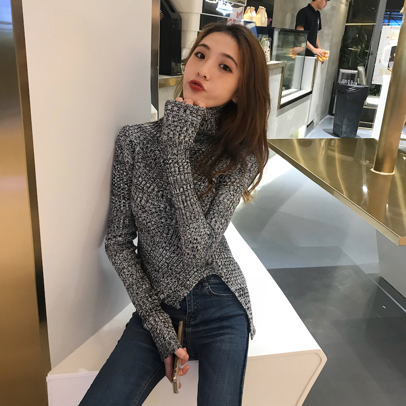 Real price real shot - Korean high neck irregular hem split sweater slim bottomed sweater for women