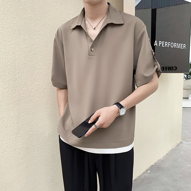 2025夏季抖音冰丝面料帅气V领设计男士短袖衬衫5C8070-P50图片