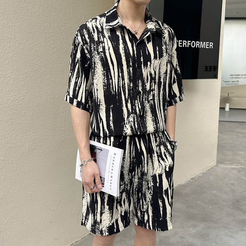 2025夏季短袖短裤斑马条纹衬衫套装TZ9044。可拆卖,男装休闲套装,电商B307