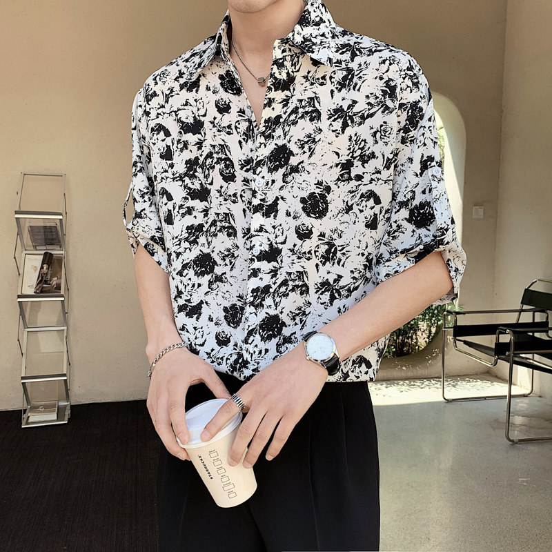 直播男士雪纺短袖帅气垂感花衬衫CS700-P50，男装T恤，电商B307