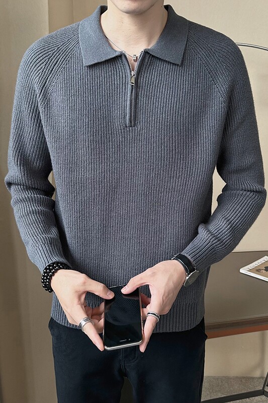 店主风男士休闲毛衣肌理感内搭打底衫翻领针织衫M9925-P90,男装T恤,电商B307