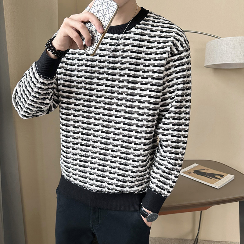 加厚款秋冬新款拼色针织衫套头提花毛衣慵懒长袖打底M9923-P83，男装T恤，电商B307