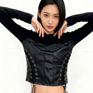 上衣短打底衫 报单有货秋冬新款 欧货上衣皮质拼接抽绳收腰设计长袖