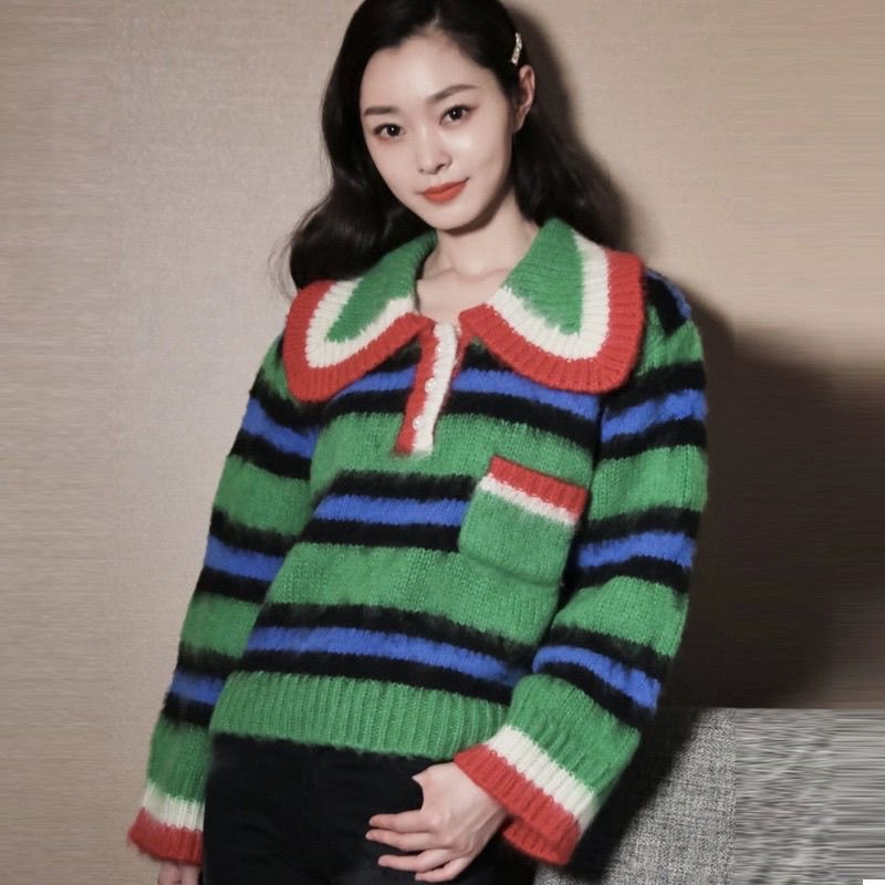 新款撞色条纹翻领针织衫外穿上衣减龄长袖毛衣短款韩版外搭