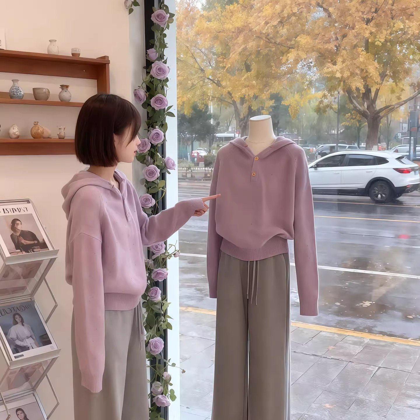 多巴胺紫色连帽毛衣针织衫上衣女2025新款巨好看早秋ins超火穿搭