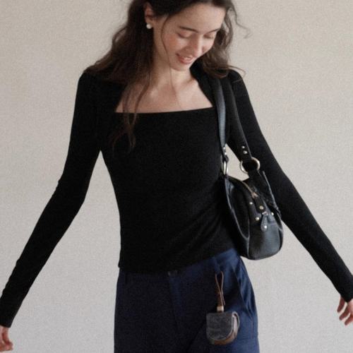 EGGKA法式气质假两件T恤女秋冬修身显瘦简约设计感休闲打底衫上衣