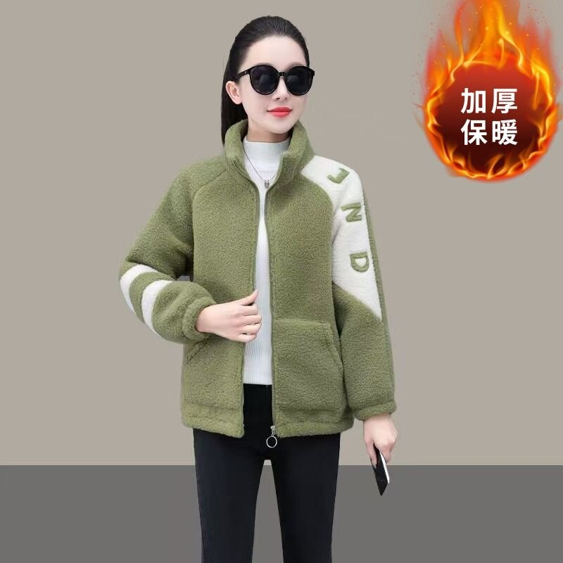 冬季新款加绒加厚羊羔绒棉衣外套女秋冬高档洋气高领字母刺绣棉服
