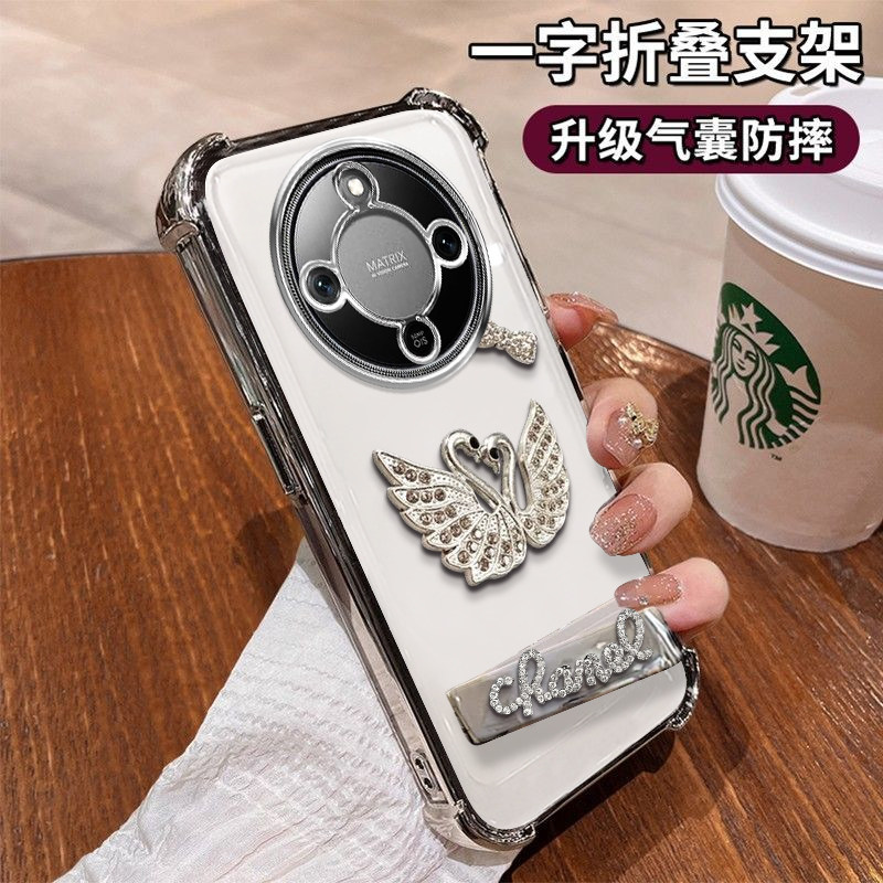 适用荣耀x70手机壳闪钻天鹅电镀四角防摔荣耀简约硅胶气囊全包闪钻字母电镀支架保护套
