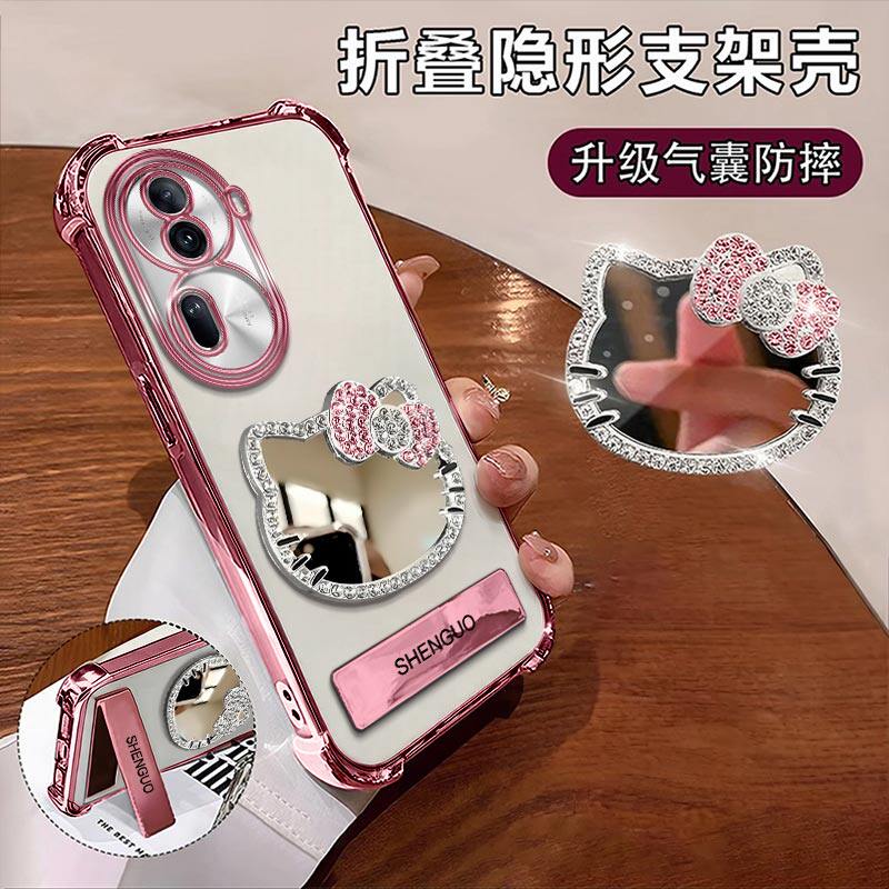 适用OPPOReno11手机壳KT猫镜子OPPO电镀四角防摔气囊支架OPPOReno11Pro高颜值创意女款手链保护套