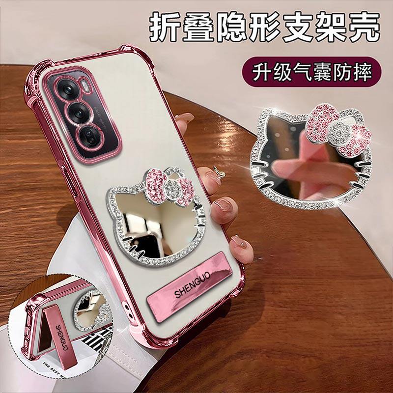 适用OPPOReno12手机壳KT猫镜子OPPO电镀四角防摔气囊支架OPPOReno12Pro高颜值创意女款手链保护套