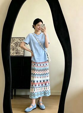 慵懒松弛感宽松圆领短袖T恤上衣高腰A字印花半身裙套装