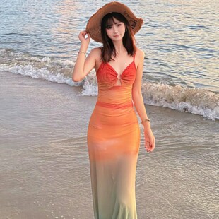 海边度假风气质渐变色吊带长裙女夏旅游性感辣妹沙滩网纱连衣裙子