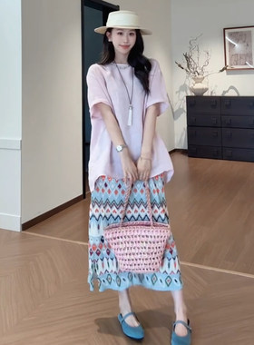 韩系甜美风宽松短袖T恤上衣女夏季新款印花半身裙套装