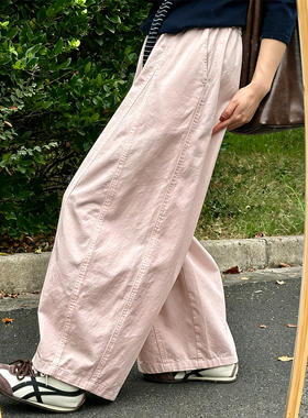 日系粉色阔腿裤女夏季薄2026新款高腰宽松显瘦小个子休闲弯刀裤子