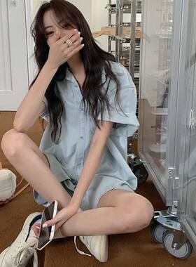小个子盐甜系穿搭薄款牛仔衬衫套装女夏季新款休闲显瘦短裤两件套
