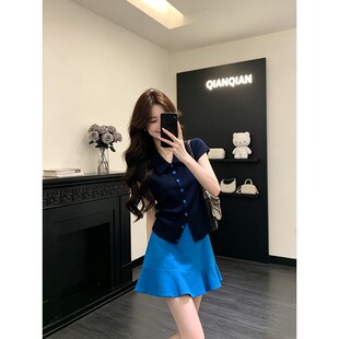 韩系气质撞色V领短袖上衣女夏季新款荷叶边高腰半身裙套装