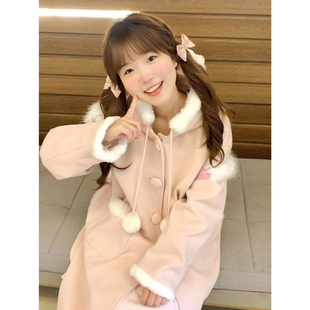 冬季粉色大衣女日系可爱连帽拼接白绒边加绒中长款小个子毛呢外套