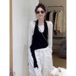 大码韩系挂脖吊带女装秋季设计感上衣胖MM遮肉显瘦打底两件套