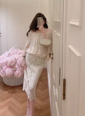 法式一字肩褶皱花边系带衬衫女高腰显瘦蕾丝半身裙套装