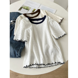 木耳边撞色短袖T恤女短款夏装上衣服ins潮