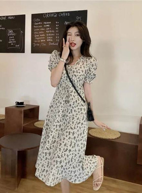 中长款v领法式仙女清新连衣裙