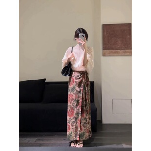 甜美温柔风蝙蝠袖衬衫上衣女夏季设计感印花半身裙套装