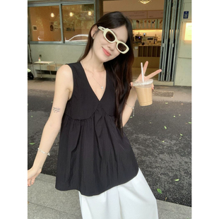 大码胖mm气质无袖黑色背心衬衫女夏季高级感韩版宽松遮肉小衫上衣
