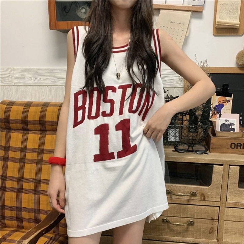 无袖背心女夏季ins韩版字母印花学生篮球服宽松休闲中长款无袖t恤
