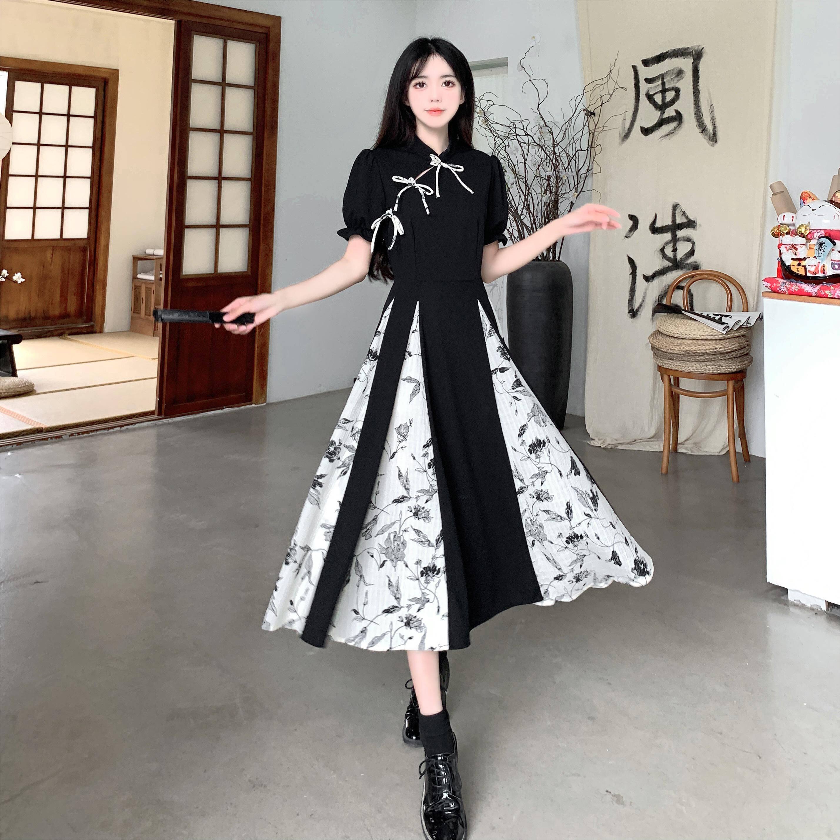 春夏大码新中式复古改良旗袍裙子胖mm黑白撞色温婉国风气质连衣裙
