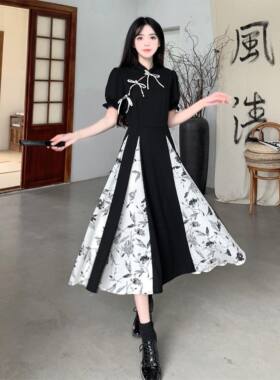 春夏大码新中式复古改良旗袍裙子胖mm黑白撞色温婉国风气质连衣裙