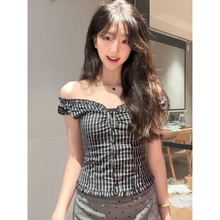 绝美一字肩格子衬衫女夏季新款两穿露肩衬衣性感上衣
