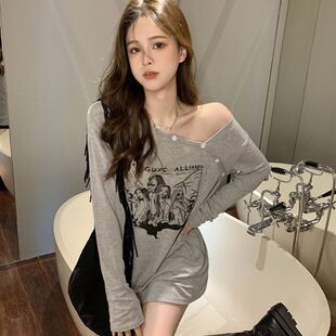 美式复古小个子显瘦露肩灰色长袖T恤女秋季2026宽松纯欲辣妹上衣